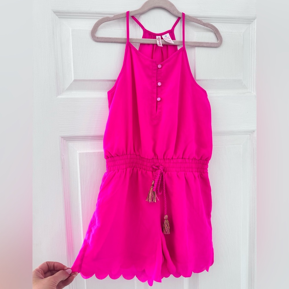 Girls Hot Pink Sleeveless Scallop-Hem Romper with Tassel Drawstring